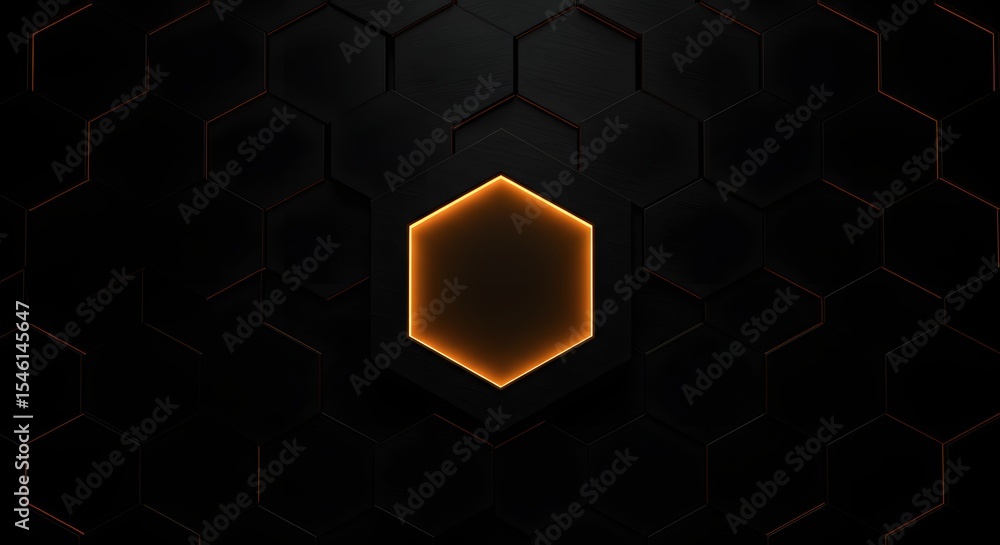 Poster a dark honeycomb pattern with a glowing orange hexagon in the center of the composition design