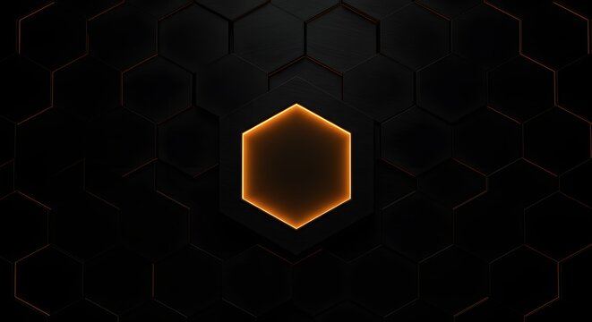 A dark honeycomb pattern with a glowing orange hexagon in the center of the composition design