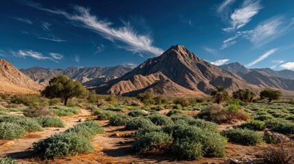 Magnificent arid mountain landscape under a vast blue sky with cloud streaks