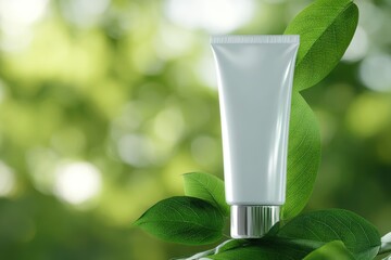 Cosmetic tube with clean modern design placed next to green leaves and natural sunlight