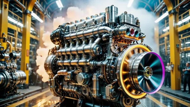 Close-up view of a massive engine in a manufacturing setting