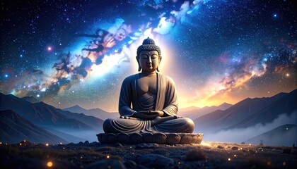 Serene Buddha Statue: Cosmic Night Landscape