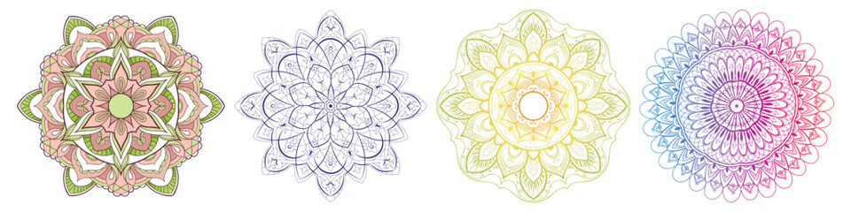 Set of Round gradient mandala vector. Traditional oriental ornament with a concentric gradient. Vector element for applying to objects for yoga, meditation, spiritual practices. Decorative ornament in