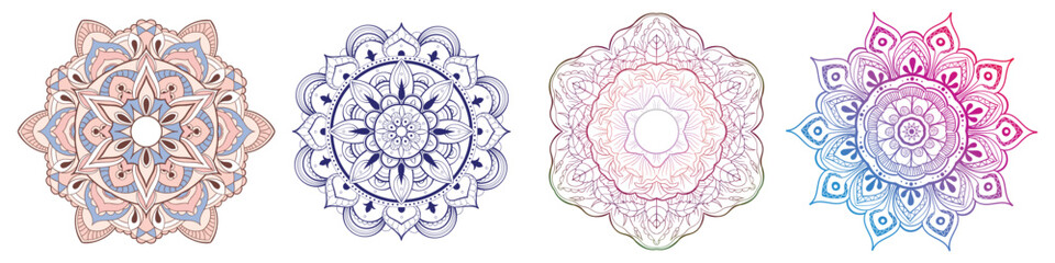Set of Round gradient mandala vector. Traditional oriental ornament with a concentric gradient. Vector element for applying to objects for yoga, meditation, spiritual practices. Decorative ornament in