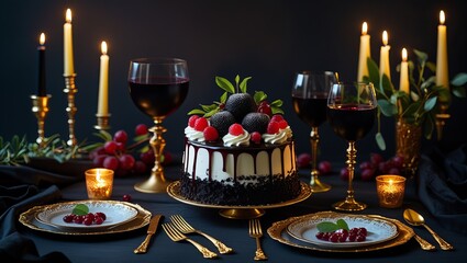 Black Forest Cake Red Wine Candles Elegant Table Setting