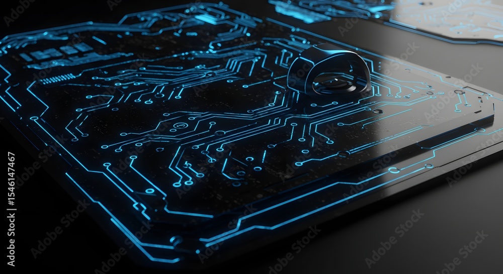 Aufkleber a close up of a circuit board with glowing blue lines and a black metallic object on the surface