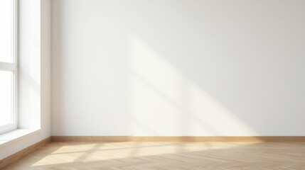 Sunlight streams into an empty room, illuminating a pristine white wall and light wood floor, creating a serene and minimalist interior scene ideal for design projects.