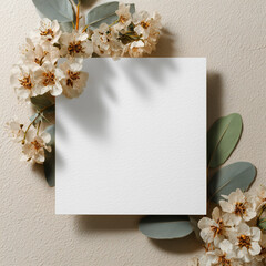 White blank square frame with flowers and leaves on a beige background, a mockup for a wedding invitation card template or other design. Top view. In focus, bright, with daylight and bright room light
