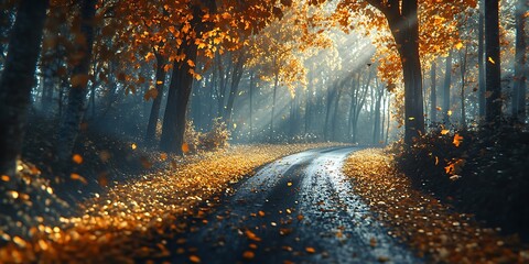 Autumnal Path Magical Forest Scene  Stunning Digital Art