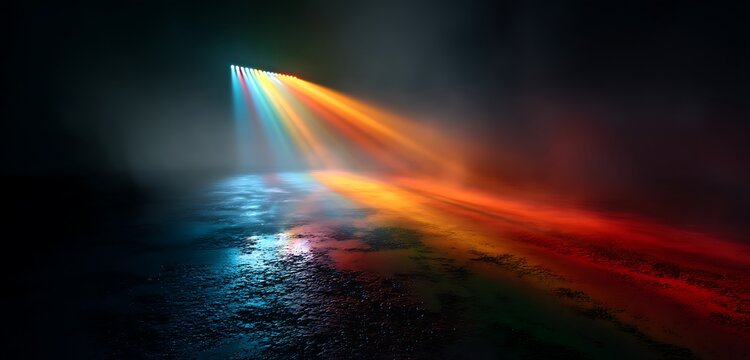 Colored rainbow beams crossing misty air particles in dramatic studio lighting.