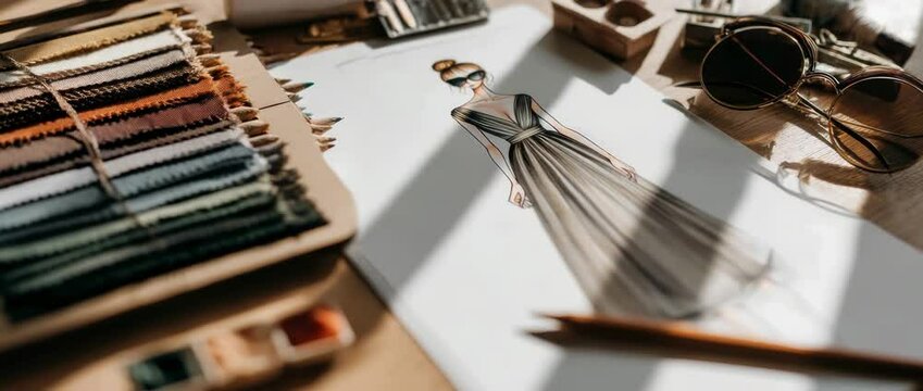 Fashion Designer's Creative Workspace Featuring Elegant Gown Sketch and Swatches
