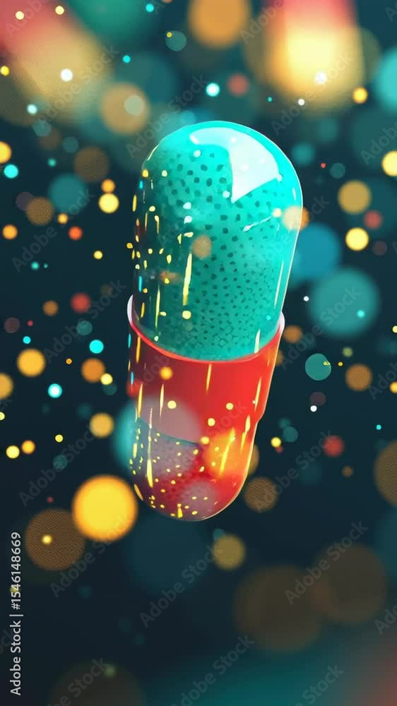 Poster a vibrant capsule is suspended in air, surrounded by glowing bokeh lights that create an enchanting 