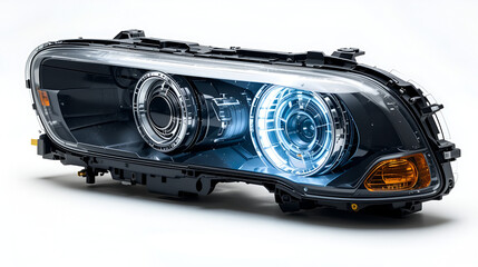 Obraz premium Xenon is a new lamp for automotive headlights on a white background. Gas-discharge lighting devices Xenon is a new lamp for automotive headlights. Used auto parts catalog from junkyard.