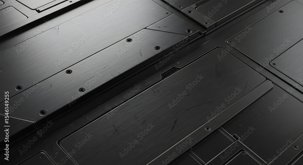 Poster close up of a dark metal surface with geometric shapes and rivets creating an industrial texture loo