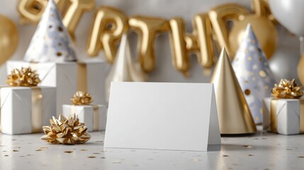 A sleek white birthday gift voucher placed on a festive scene with wrapped gifts, party hats, and metallic balloon numbers in the background. Playful and celebratory design, 16:9