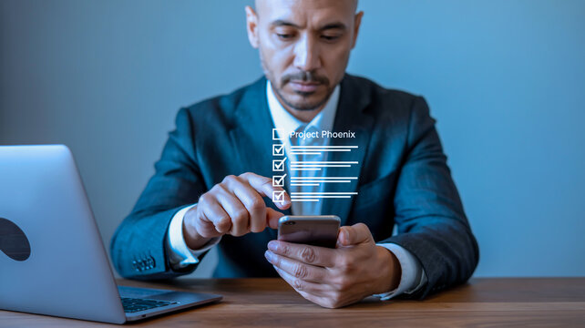 A professional business photo showing a person in a dark suit holding a smartphone while interacting with a digital checklist interface