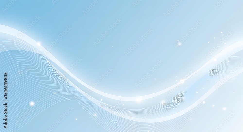 Poster abstract light blue background with flowing white lines and sparkling particles design element effec