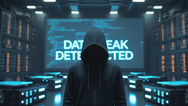 Mysterious figure in a dark hoodie stands before a screen displaying 'Data Breach Detected' in a high-tech server room.