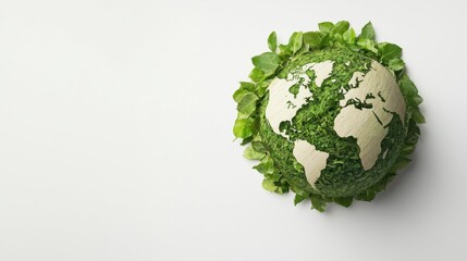 Conceptual flat lay of a green earth globe surrounded by leaves. Environmental activism and sustainability concept for nature.
