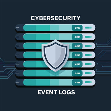 Cybersecurity Event Logs Teal Progress Bars Shield Icon