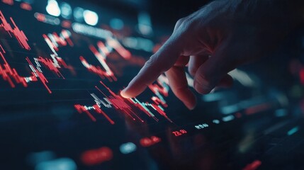Man pointing finger on digital stock market graph. Financial trading chart with red decline trend. Investment data visualization.