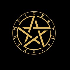 Golden Angelic Protection Sigil with Runes and Pentagram on Black Background