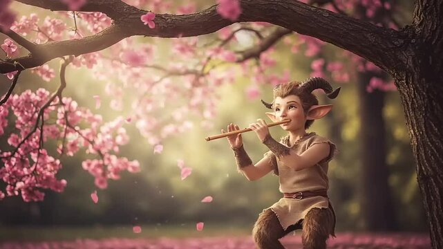 Enchanted forest scene with a playful faun playing a flute under blooming cherry blossoms