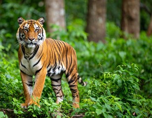 Obraz premium Majestic tiger standing in lush green forest for Global Tiger Day. High-resolution, sharp focus on stripes, perfect for wildlife awareness, conservation campaigns, or educational content.