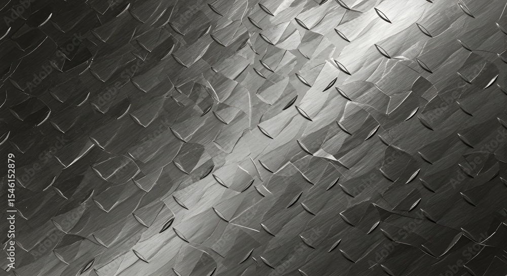 Poster a close up of a metal surface with a repeating diamond pattern and a bright light reflection point