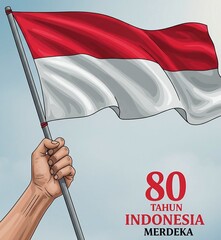 Generative AI illustration of a hand holding a red and white flag, with the words "80 Years of Indonesian Independence" written on it.