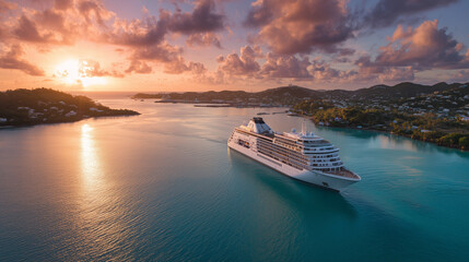 Majestic cruise ship glides into harbor at dawn, golden sunrise on calm waters — a serene journey begins