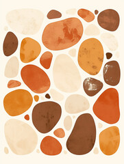 Abstract composition of colorful stones and pebbles arranged on a light background showcasing warm tones and organic shapes