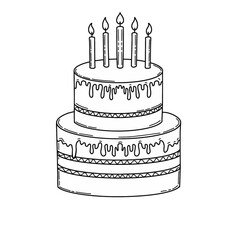 Hand drawn birthday cake with candles line art. Happy birthday cake doodle hand drawn icon