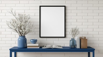 Empty Black Frame Wall Decor with Blue Console Table and Books in Minimalist Home Interior