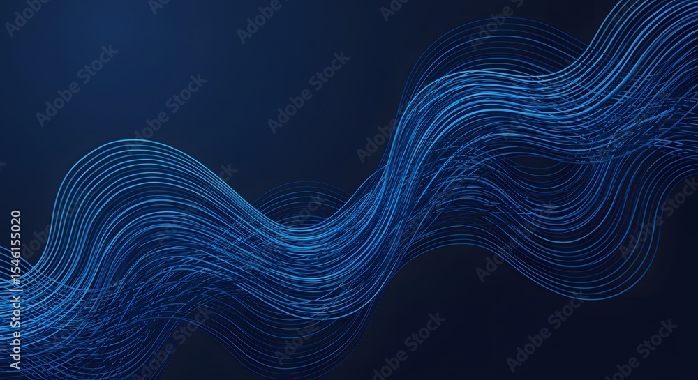 Poster abstract waves of light blue lines flowing across a dark blue background creating a dynamic pattern