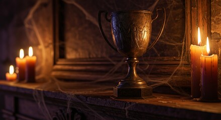 Antique silver trophy with candles on mantelpiece dark room setting old fire life home warm cozy