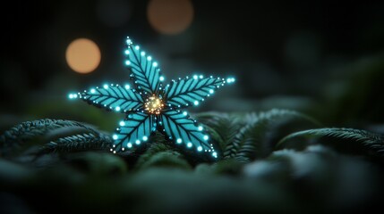 Glowing Bio Luminescent Star Flower in Dark Forest - Digital Art