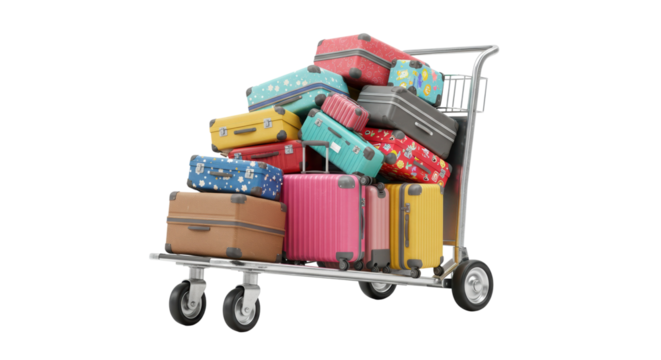 Colorful shopping cart filled with various wrapped gift boxes and packages for holiday or online shopping concept, isolated on a transparent background, png, cutout