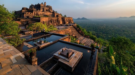 Obraz premium Sunset over ancient temples indonesia landscape photography scenic viewpoint serene environment