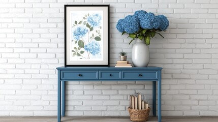 Empty Black Frame Wall Decor with Blue Console Table and Books in Minimalist Home Interior