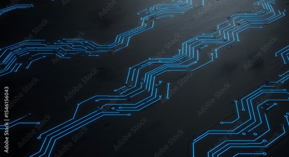 Poster a close up shot of a dark surface with bright blue circuit lines running across the surface design
