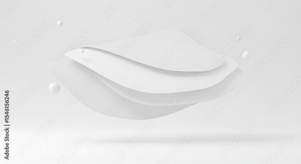 Fototapete abstract white layered shapes with soft shadows and floating spheres in a minimalist design style