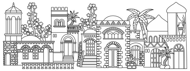 Obraz premium Line art vector illustration of an oriental city with domes, towers, and minarets. Perfect for Arabian, Islamic, and fairytale themed designs