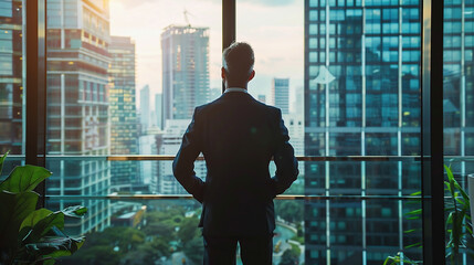 professional business man executive ceo manager, rich male investor wearing suit standing his back in big cozy office interior looking through skyscraper window thinking of future success