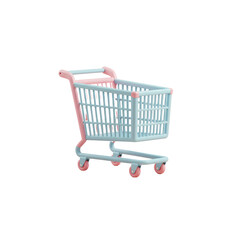 3D shopping cart in pastel color design, empty trolley for retail, grocery, or supermarket themes isolated on a transparent background, png, cutout, HD