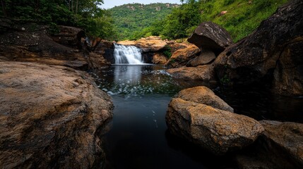 Obraz premium Waterfall adventure in lush green forest nature photography serene landscape peaceful viewpoint