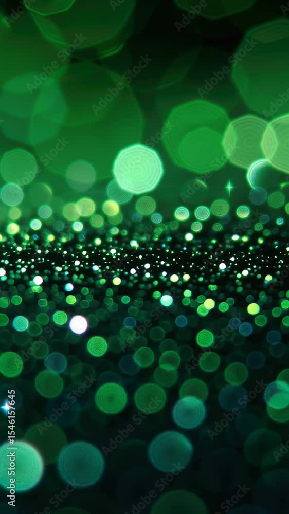 Poster glimmering green lights create a mesmerizing bokeh effect against a dark backdrop, showcasing textur