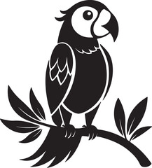 cute macaw sitting on branch silhouette, black and white silhouette, vector and illustration