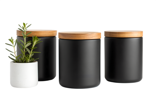 Modern Black Ceramic Canisters with Wooden Lids - Kitchen Storage Set