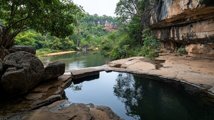 Swimming in nature's oasis scenic river pool lush jungle photography calm environment elevated viewpoint